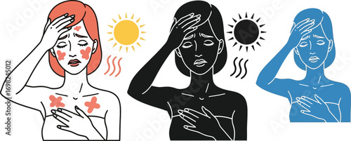 Woman experiencing sunburn and heat exhaustion under the sun