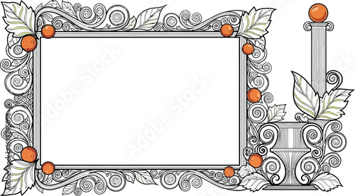 Elegant decorative frame with ornate swirling patterns and small orange fruits