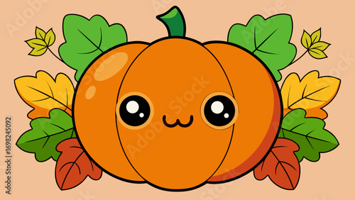 A cartoon pumpkin among leaves. Cartoon character.