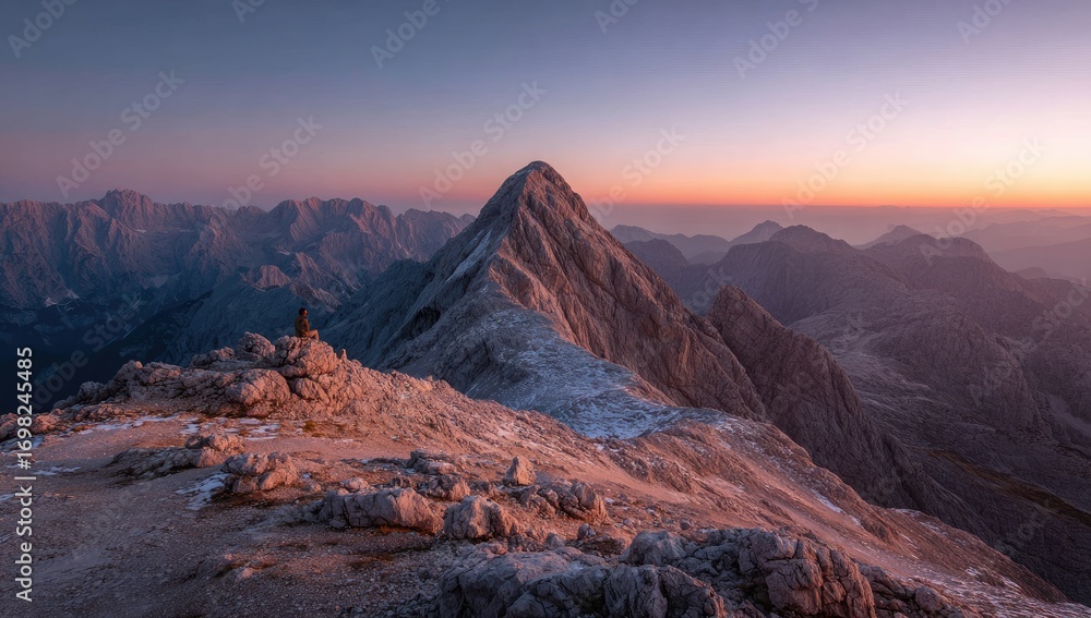 Obraz premium Mountaintop solitude at sunrise. A lone figure sits atop a rocky mountain ridge, the peak piercing a vibrant sunset sky.