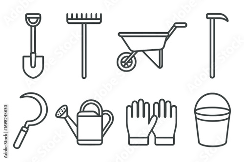 Gardening tools collection: shovel, rake, wheelbarrow, pickaxe, sickle, watering can, gloves, bucket