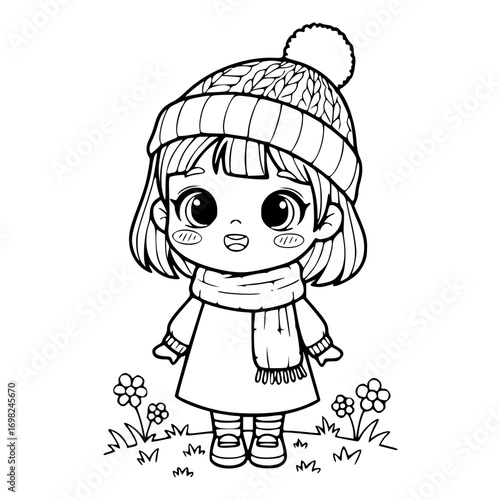 Cute Girl Winter Hat Outline Illustration