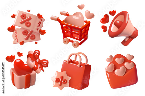 Valentine's Day sale and gift shopping 3d icons with hearts. Red and pink coupons, shopping cart, bag, megaphone, gift box and envelope. Vector illustrations isolated on white background. 
