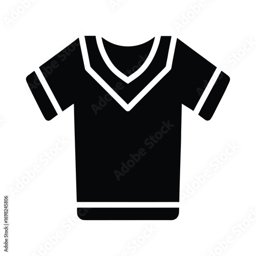 Simple black glyph icon of a v-neck t-shirt. A versatile vector design element from an apparel collection, perfect for web, UI, and clothing graphics