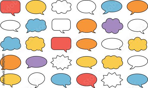 Collection of colorful speech bubbles and thought bubbles with diverse shapes and styles for communication and design
