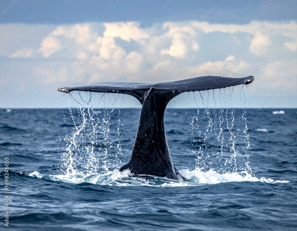 Obraz premium The majestic tail fluke of a giant whale emerges from the deep blue ocean with splashing water
