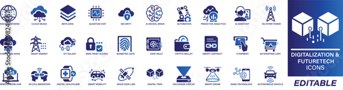 Digitalization and Futurates Icons digital technology, future technology, artificial intelligence, machine learning, set, automation, robotics, blockchain,