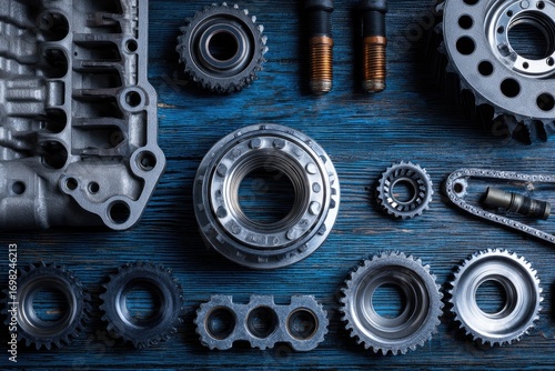 Flat lay of disassembled automatic transmission components on a blue wooden table.