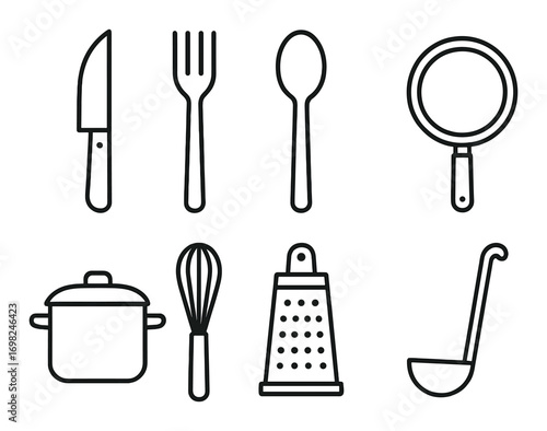 Outline of kitchen utensils: knife, fork, spoon, pan, pot, whisk, grater, ladle