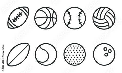 Variety of sports balls: american football, basketball, baseball, volleyball, rugby, tennis, pickleball, bowling