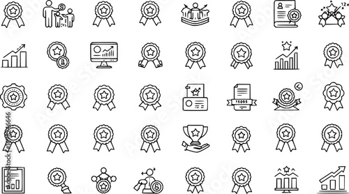 Certification and progress icon set. Thin line editable stroke icons for achievement, recognition, career growth, awards, success milestones, performance, personal development and excellence.