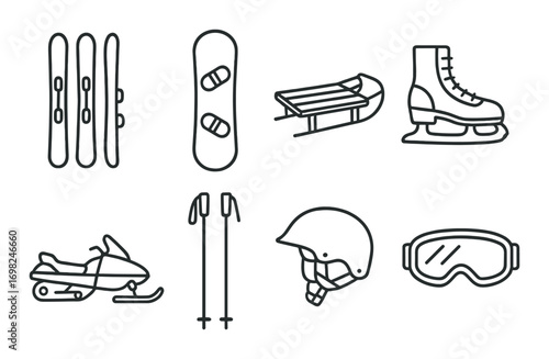 Winter sports icons set featuring skiing, snowboarding, sledding, ice skating, snowmobile, and gear