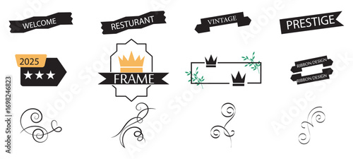 Golden Crown Frame with Ribbon, Stars, Vintage Leaves, and Prestige Labels