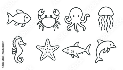 Silhouette icons of marine animals including fish, crab, octopus, and jellyfish