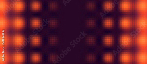 Red LED screen panel with orange vector pattern and digital grid texture. Television studio overlay or disco neon effect for background scene. Abstract halftone points or electronic glow frame.