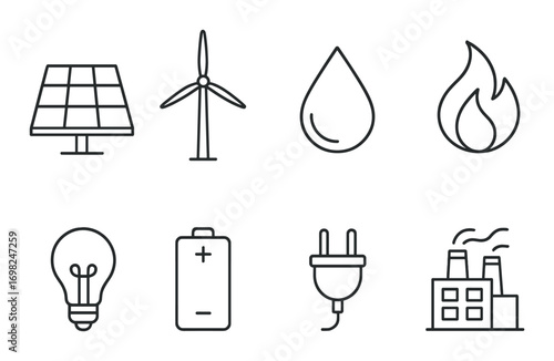 Set of energy icons featuring solar, wind, water, fire, light bulb, battery, plug, factory