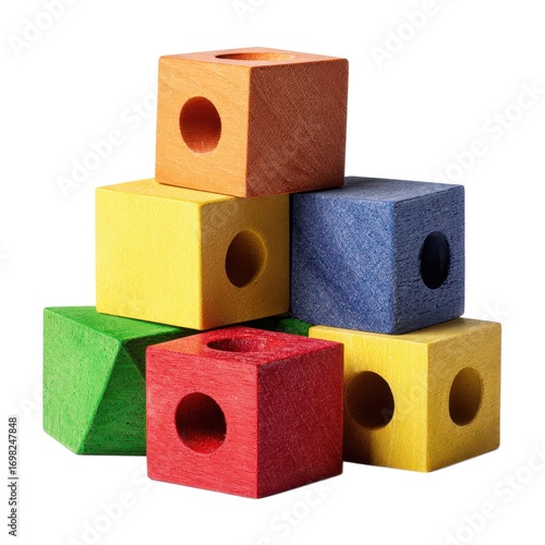 Colorful Stacked Wooden Blocks in Various Shapes and Sizes, Perfect for Early Childhood Development and Creative Play