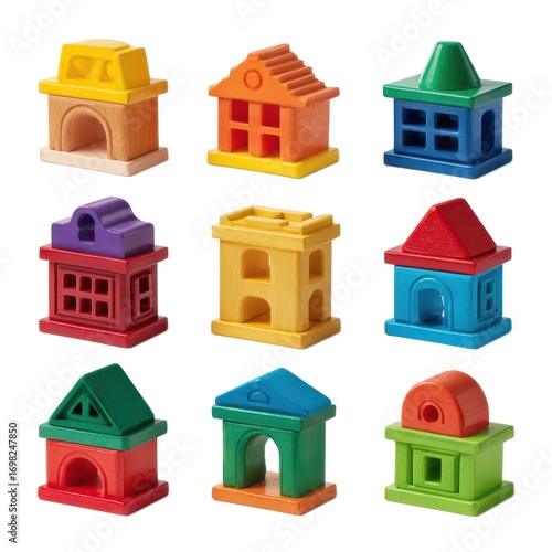 Colorful Wooden Building Blocks in Various Shapes and Sizes for Creative Play and Learning Activities for Children