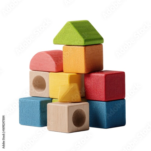 A Colorful Collection of Stacked Wooden Blocks in Various Shapes and Sizes, Perfect for Creative Play and Early Childhood Development