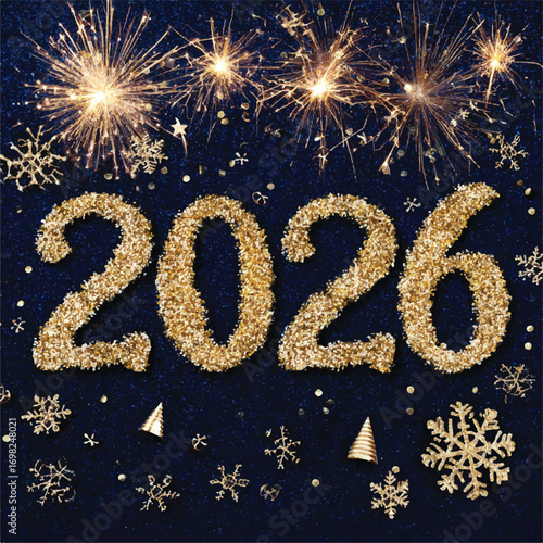 Sparkling Golden 2026 New Year Celebration with Fireworks and Festive Decorations on Dark Blue Background