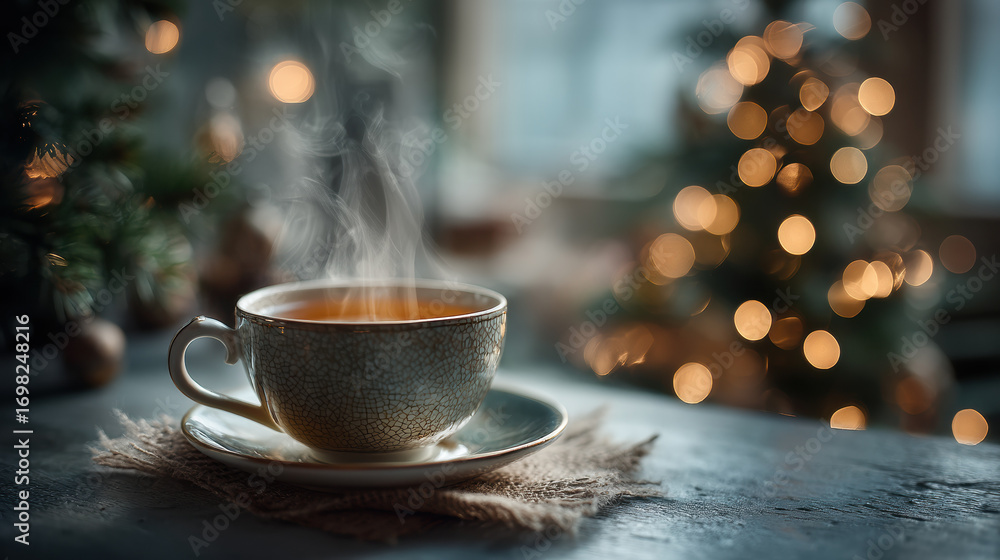 Obraz premium Steaming cup of tea sits on rustic table, with blurred Christmas tree in background, creating cozy holiday atmosphere