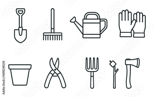 Silhouette icons of essential gardening tools on dark background