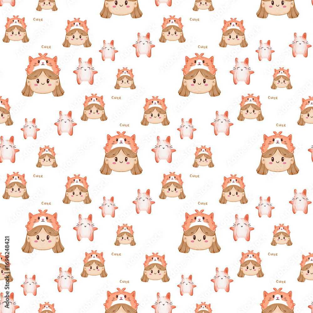 seamless pattern with funny orange cat animals and girl seamless pattern with funny orange cat animals and girl