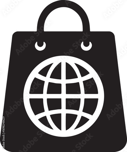 Shopping bag with globe icon, online store, global e-commerce, retail and delivery EPS.