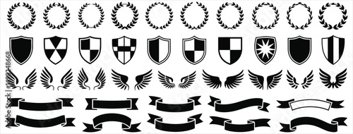 Heraldic Shield with Wings and Ribbon Banners for Military and Sport Logo Design Vector