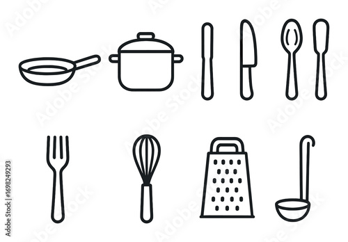 Silhouette kitchen utensils set: pan, pot, cutlery, whisk, grater, ladle