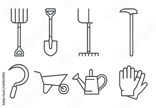Minimalist garden tools icon set with rake, shovel, hoe, and watering can