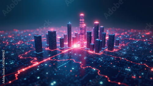 Wallpaper Mural fireworks in the city . Smart futuristic neon city map. Digital background
 Torontodigital.ca