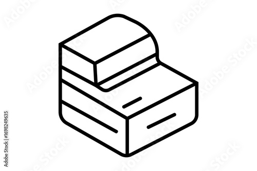 This is an isometric line illustration of a cash register machine. The drawing uses clean black outlines and geometric shapes, giving it a simple and modern look.