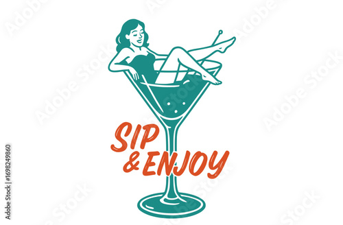 Sip and Enjoy Pinup Girl Poster. Retro Cocktail Illustration. Vintage Martini Glass Artwork. Bar Decor Graphic.