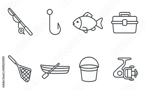 Fishing equipment icons: rod, hook, fish, tackle box, net, boat, bucket, reel