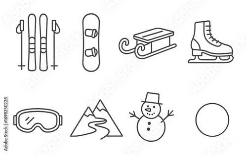 Winter sports and activity icons featuring skiing, snowboarding, and ice skating symbols