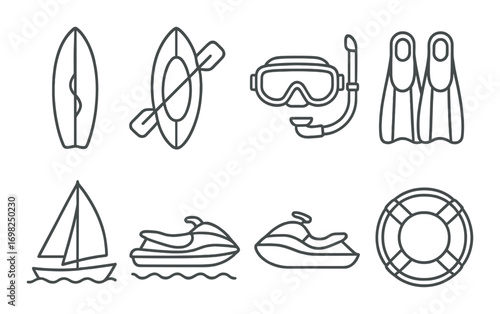Water sports icons: kayak, goggles, flippers, sailboat, jetski, lifebuoy