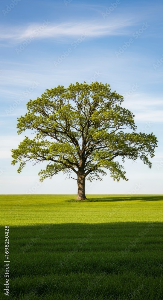 Obraz premium A majestic oak tree stands solitary in a vibrant green field under a clear blue sky with wispy clouds, casting a long shadow across the serene landscape.
