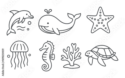 Marine life outline: dolphin, whale, starfish, jellyfish, seahorse, coral, turtle