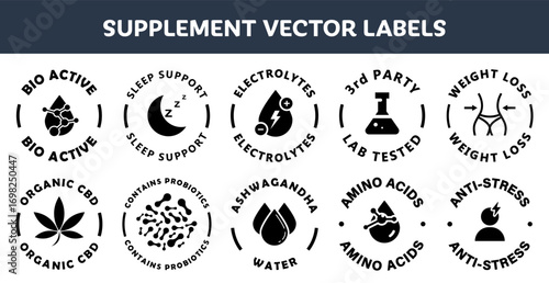 Dietary Supplement vector labels for package or bottle.