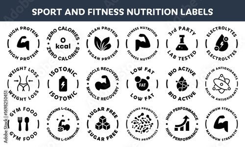 Sport and Fitness nutrition vector labels for bottle or packaging.