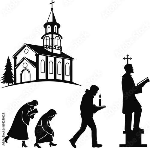 Silhouettes of church and people