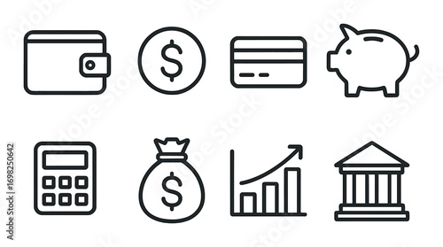 Finance icons set: wallet, money, credit card, piggy bank, calculator, savings, growth chart, bank