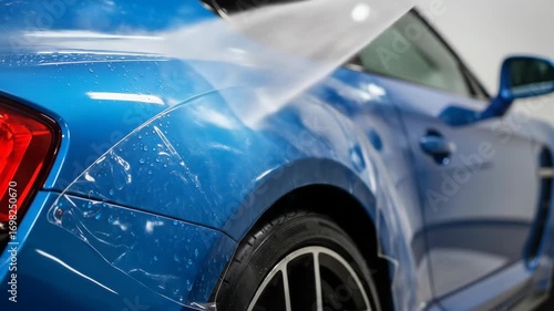 Applying paint protection film on blue sports car to protect it from scratches and stone chips
