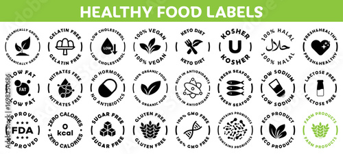 Healthy Food properties labels for packaging - vector isolated on white.