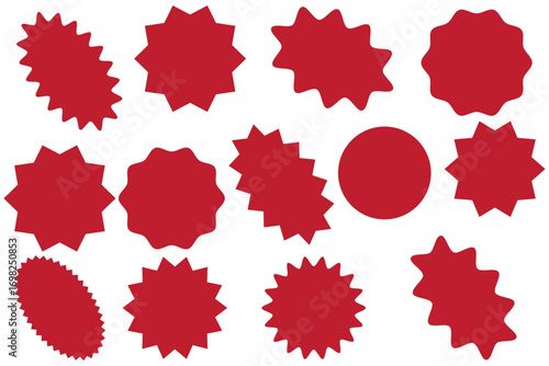 Set of red starburst. Price sticker, sale sticker, price tag, starburst, quality mark, retro stars, sale. Circle sticker set. red starburst shape tags for price tags