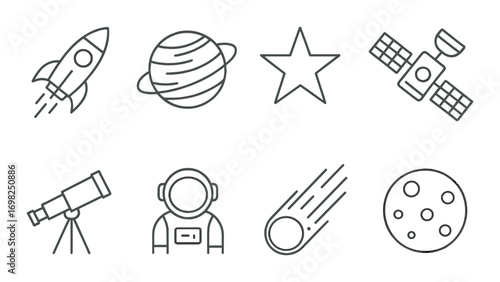 Space icons: rocket, planet, star, satellite, telescope, astronaut, comet, moon