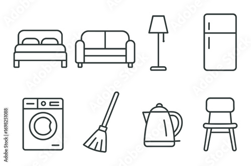 Outline icons of home furniture and appliances on dark background