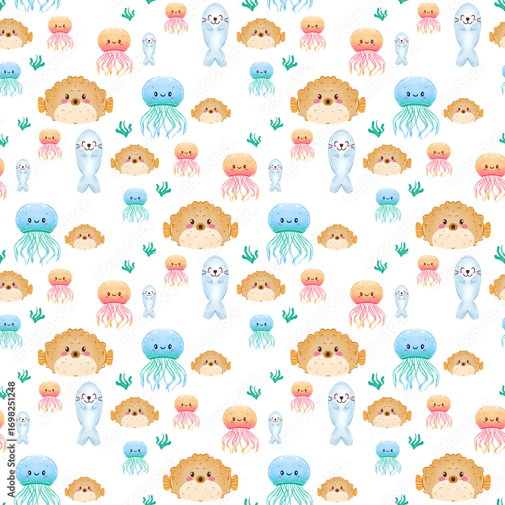 Seamless pattern with animals sea