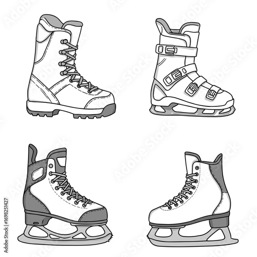 Collection of Winter sports-themed icons, including Snowboard boots, Ski boots, Ice hockey skates, Figure skates